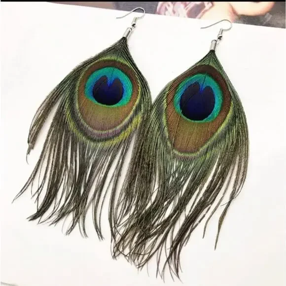 Whimsical Natural Delicate Boho Peacock Feather Dangle Drop Hook Earrings A0105 - Picture 11 of 12